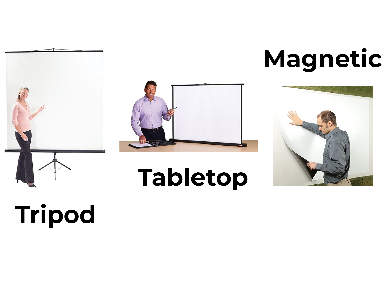 Tripod, Tabletop and Magnetic Projector screen examples demonstrated with 3 different pictures of people using them