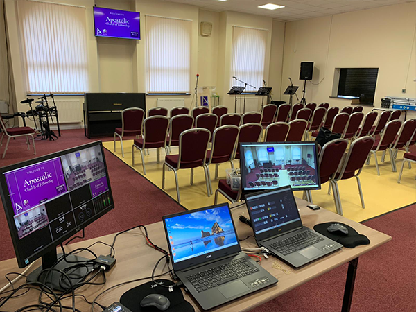 the back of the church has all the computers and video live streaming equipment